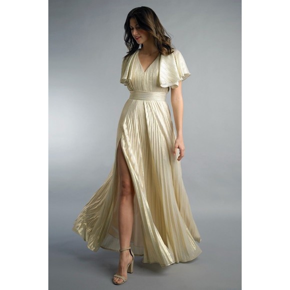 NWT Basix Black Label Dress Gown Capelet Sleeve Pleated Gown Gold Sz 2 MSRP $450 - Picture 1 of 5